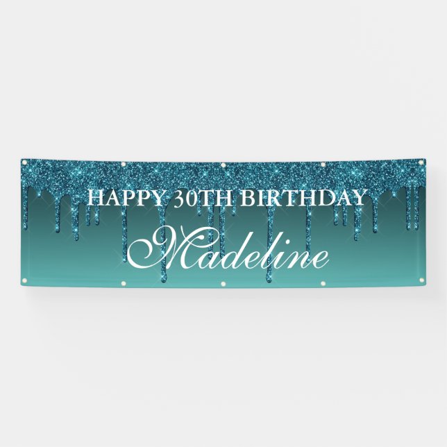 Personalized Teal Dripping Glitter Birthday Banner (Horizontal)
