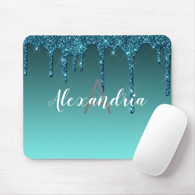 Personalized Teal Dripping Glitter Mouse Pad (With Mouse)