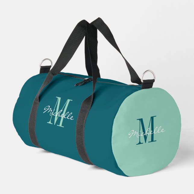 Personalized teal duffle bag with elegant monogram (Left Corner)