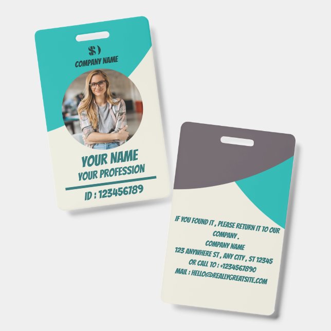 Personalized Teal Employee ID Badge (Front & Back)