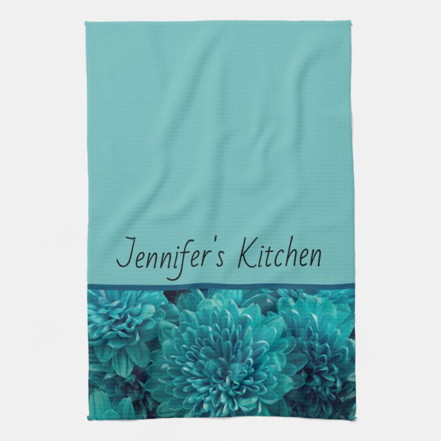 Personalized Teal Floral Kitchen Towel (Vertical)