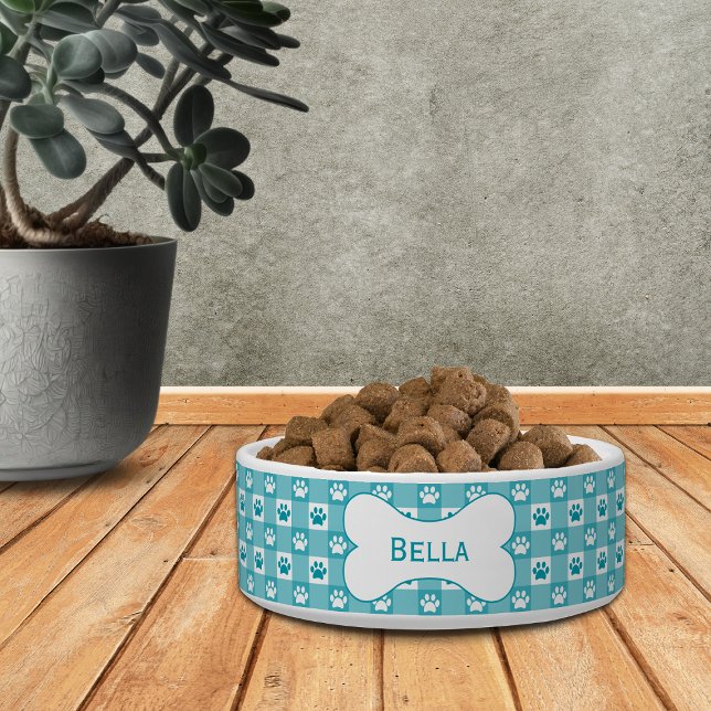 Personalized Teal Gingham with Paw Prints and Bone Bowl (Creator Uploaded)