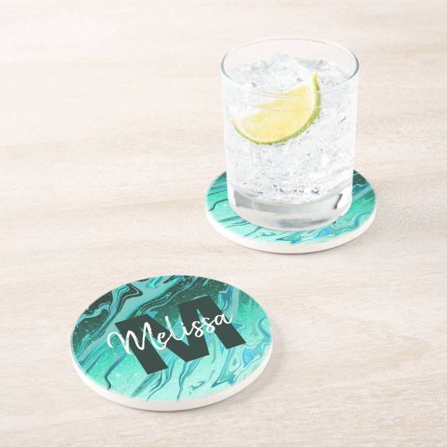 Personalized Teal glitter marble Coaster (Side)