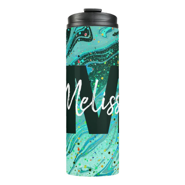 Personalized Teal glitter marble Thermal Tumbler (Front)