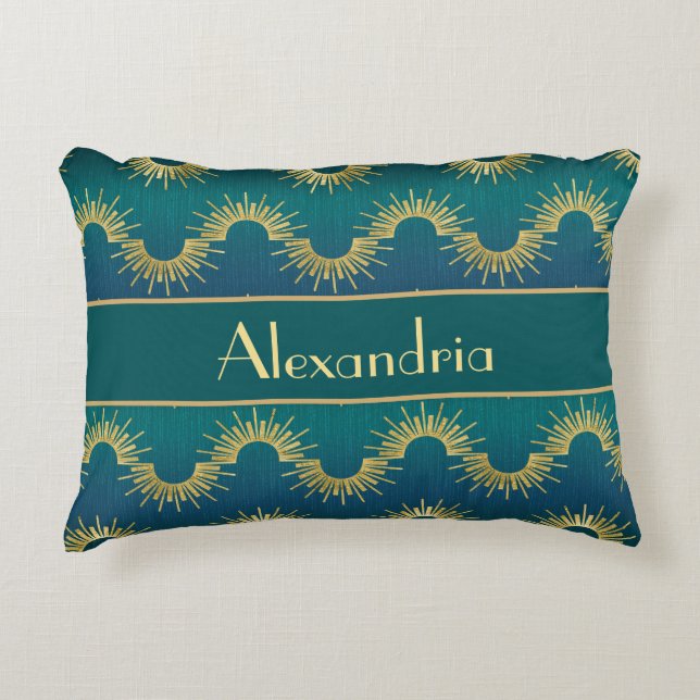 Personalized Teal & Gold Art Deco Sunburst Name Accent Pillow (Front)