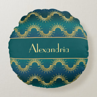Personalized Teal & Gold Art Deco Sunburst Name Round Pillow