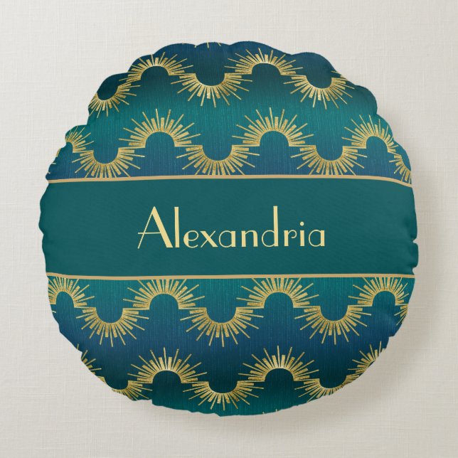 Personalized Teal & Gold Art Deco Sunburst Name Round Pillow (Front)