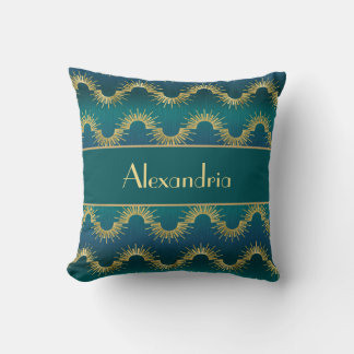 Personalized Teal & Gold Art Deco Sunburst Name Throw Pillow