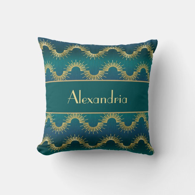 Personalized Teal & Gold Art Deco Sunburst Name Throw Pillow (Front)