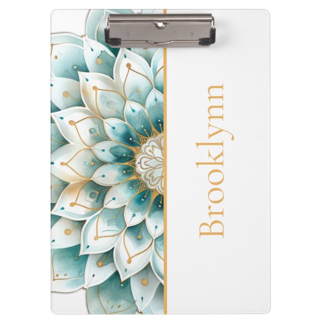 Personalized Teal Gold Floral Mandala  Clipboard (Front)