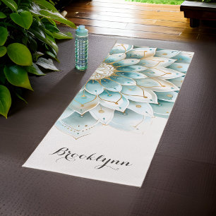 Personalized Teal Gold Floral Mandala Yoga Mat