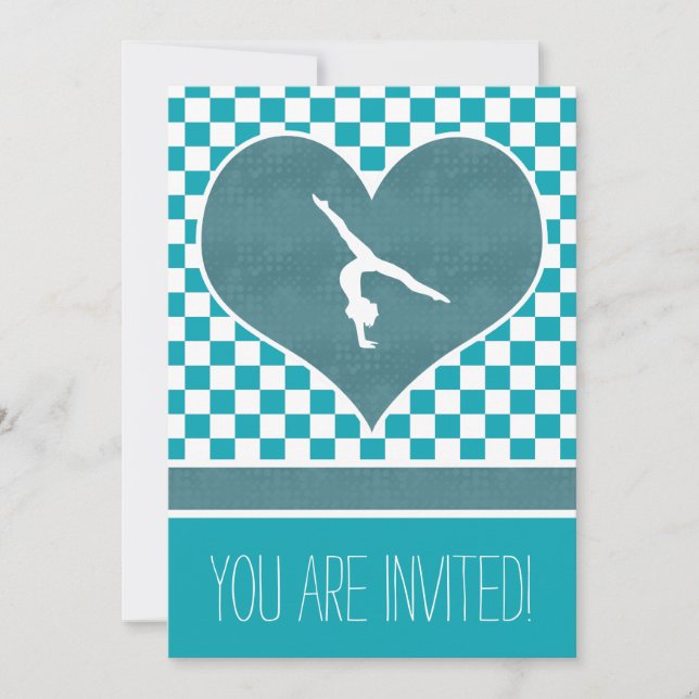 Personalized Teal Green Chequered Gymnastics Invitation (Front)