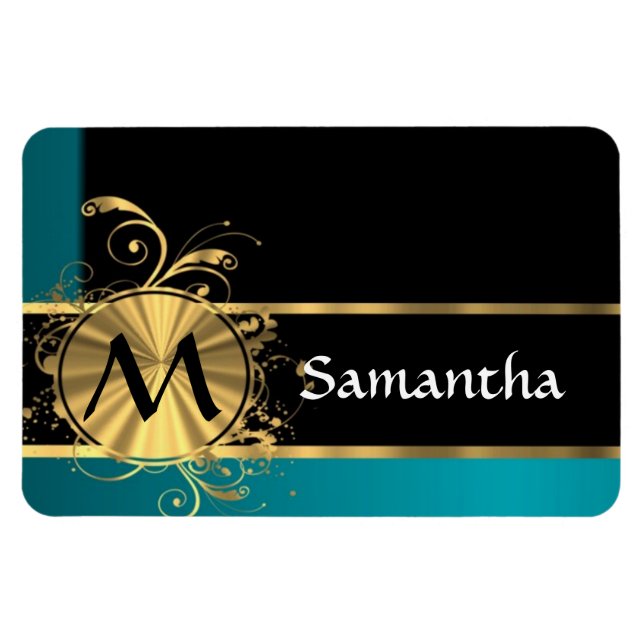 Personalized teal green vintage monogram magnet (Horizontal)