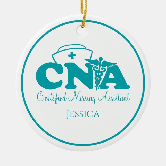 Personalized Teal Green White CNA Nurse Christmas  Ceramic Ornament (Front)