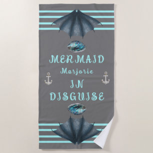 Personalized Teal & Grey Mermaid / Merman Tail Beach Towel