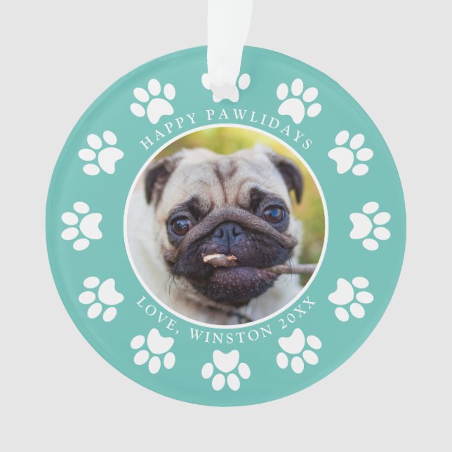 Personalized Teal Happy Pawlidays Dog Photo Ornament (Front)