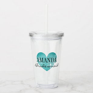 Personalized teal heart bridesmaid party favour acrylic tumbler