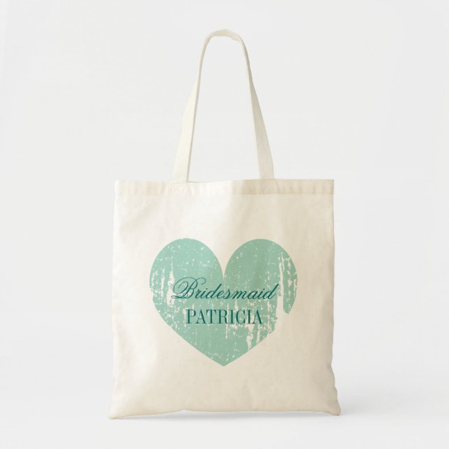 Personalized teal heart bridesmaid tote bags (Front)