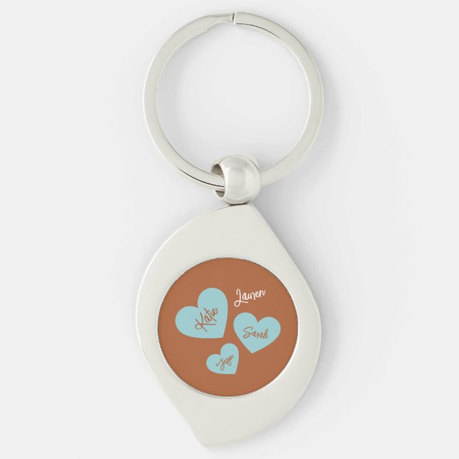 Personalized Teal Hearts Mother & Children Names Keychain (Front)
