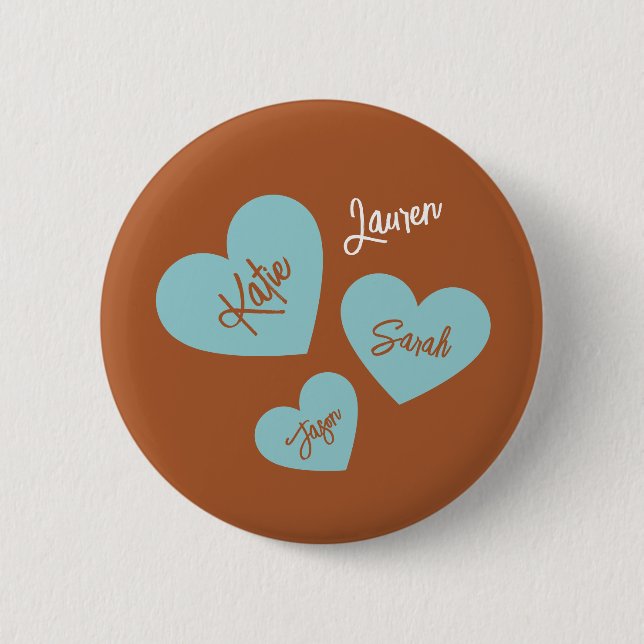 Personalized Teal Hearts With Children's Names 2 Inch Round Button (Front)