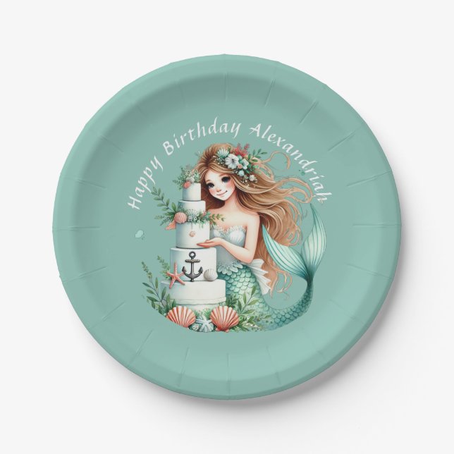 Personalized Teal Mermaid Beach Birthday Invite Paper Plate (Front)