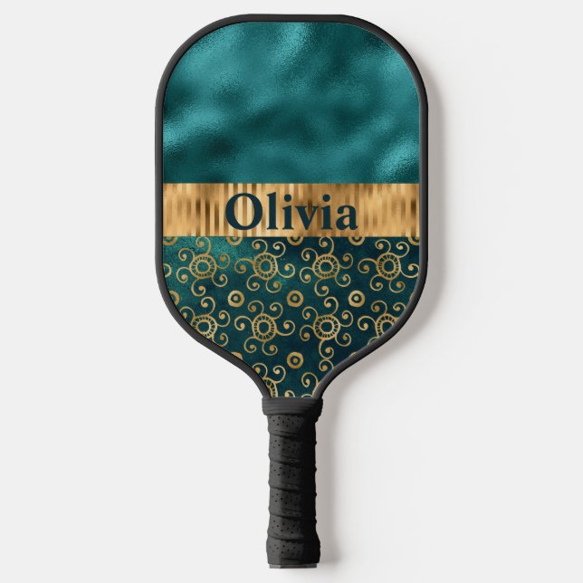 Personalized Teal Metallic Gold Pickleball Paddle (Front)