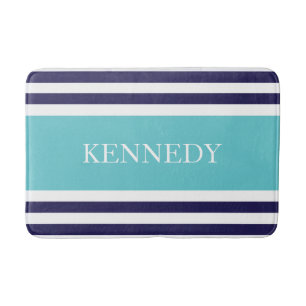 Personalized Teal Navy Nautical Stripes Pattern Bath Mat