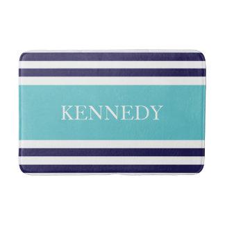Personalized Teal Navy Nautical Stripes Pattern Bath Mat