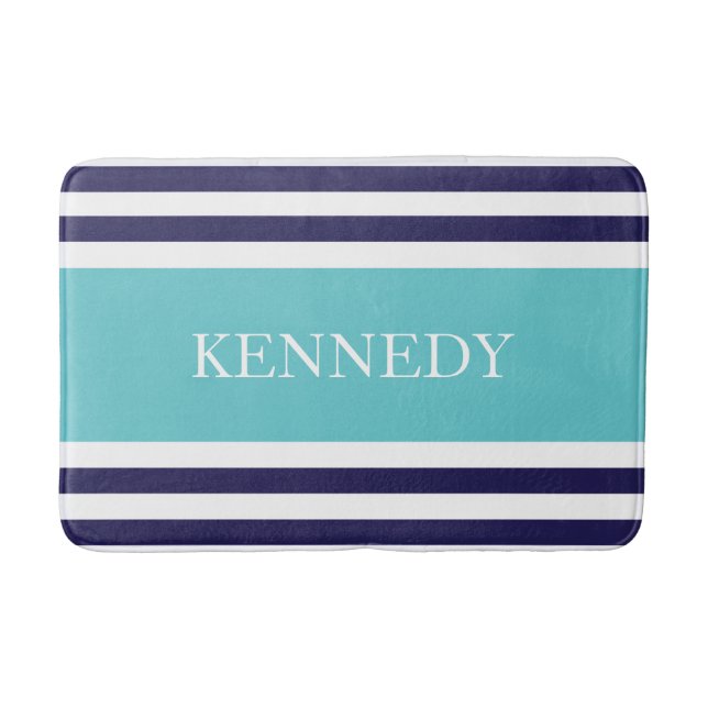 Personalized Teal Navy Nautical Stripes Pattern Bath Mat (Front)