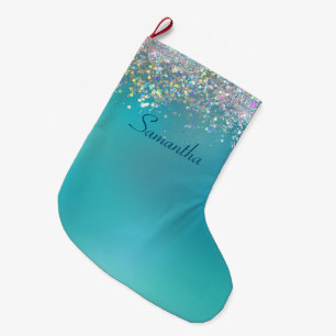 Personalized Teal Ombre Holographic Glitter Large Christmas Stocking