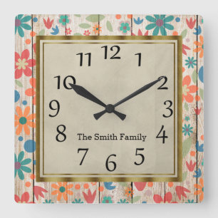 Personalized Teal Orange Red Floral on Grey Wood Square Wall Clock