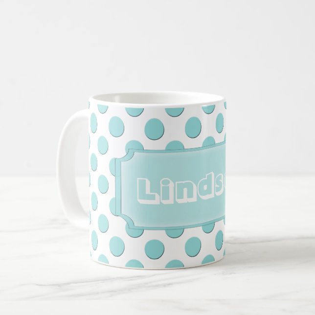 Personalized Teal Polka Dots Name Coffee Mug (Front Left)