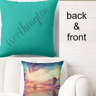 Personalized Teal Scenic Hot Air Balloon Sunrise Throw Pillow