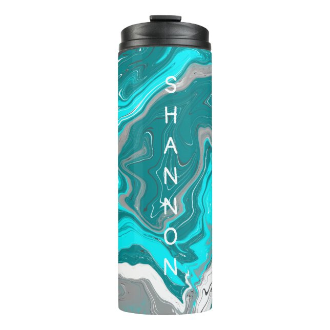 Personalized Teal, Turquoise Marble Fluid Art    Thermal Tumbler (Front)