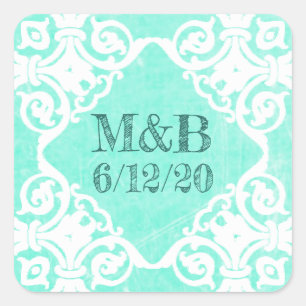 Personalized Teal Wedding Date & Initials Stickers