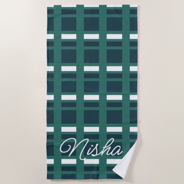 Personalized Teal White Blue Chequered Plaid Beach Towel (Front)