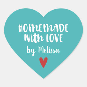 Personalized Teal White Homemade With Love Heart Sticker