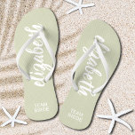 Personalized Team Bride Sage and White Flip Flops<br><div class="desc">Sage green and white - or any colour - flip flops personalized with your name and "Team Bride" or any wording you choose. Great bridesmaid gift, bachelorette party, flat shoes for the wedding reception, or a fun bridal shower favour. Change the colour straps and footbed, too! More colours done for...</div>