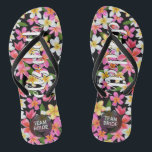 Personalized Team Bride Tropical Flowers Flip Flops<br><div class="desc">Flip flops personalized with a first name and "Team Bride." Great bridesmaid gift,  bachelorette party,  flat shoes for the wedding reception,  or a fun bridal shower favour. Change the colour straps and footbed,  too! MATCHING items in our store.</div>