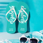 Personalized Team Bride Turquoise and White Flip Flops<br><div class="desc">Turquoise and white - or any colour - flip flops personalized with your name and "Team Bride" or any wording you choose. Great bridesmaid gift, bachelorette party, flat shoes for the wedding reception, or a fun bridal shower favour. Change the colour straps and footbed, too! More colours done for you...</div>