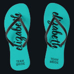 Personalized Team Bride Turquoise Flip Flops<br><div class="desc">Turquoise blue - or any colour - flip flops personalized with your name and "Team Bride" or any wording you choose. Great bridesmaid gift, bachelorette party, flat shoes for the wedding reception, or a fun bridal shower favour. Change the colour straps and footbed, too! More colours done for you in...</div>