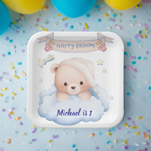 Personalized Teddy Bear 1st Birthday Paper Plate