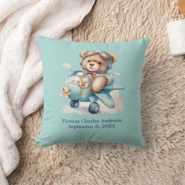Personalized Teddy Bear Airplane Baby Boy Gift Throw Pillow (Blanket)