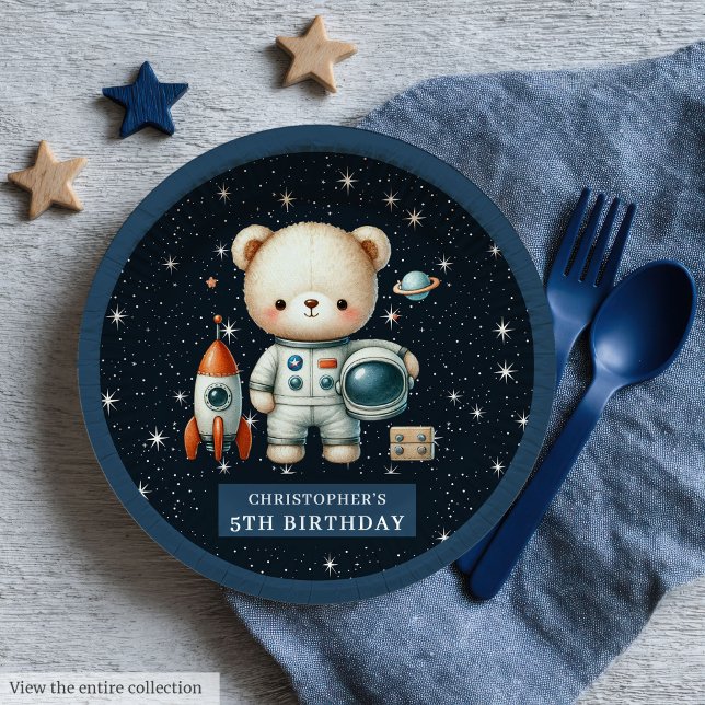 Personalized Teddy Bear Astronaut Baby Boy Paper Plate (Personalized Teddy Bear Astronaut Baby Boy Paper Plates)