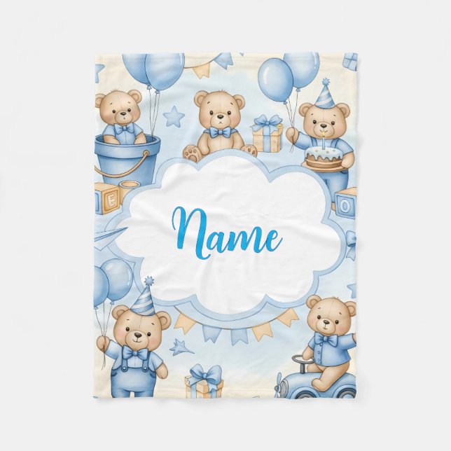 Personalized Teddy Bear Baby Blanket with Name (Front)