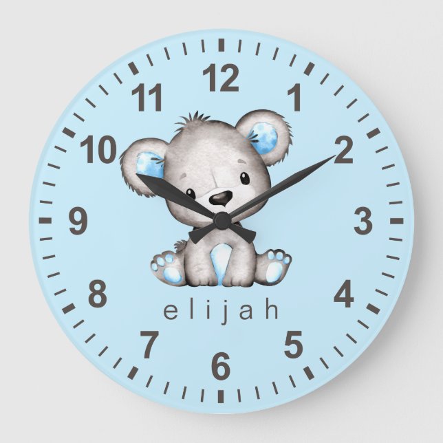 Personalized Teddy Bear Baby Boy Blue Large Clock (Front)