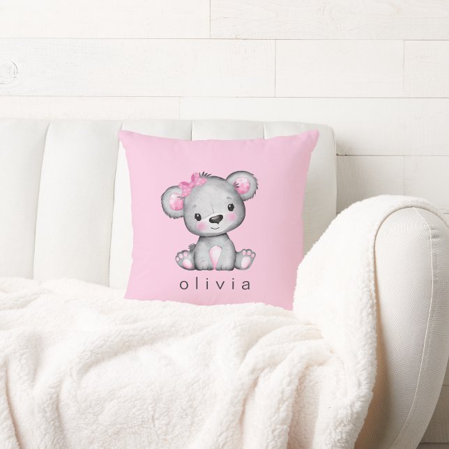 Personalized Teddy Bear Baby Girl Pink Throw Pillow (Creator Uploaded)