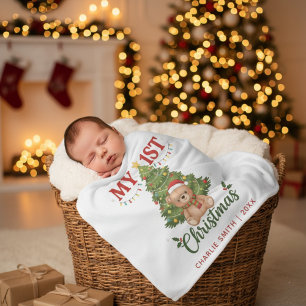 Personalized Teddy Bear Baby My 1st Christmas  Fleece Blanket