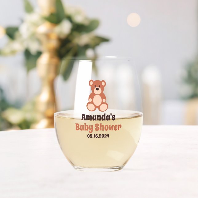 Personalized Teddy Bear Baby Shower Party Favours Stemless Wine Glass (Insitu (Wedding))