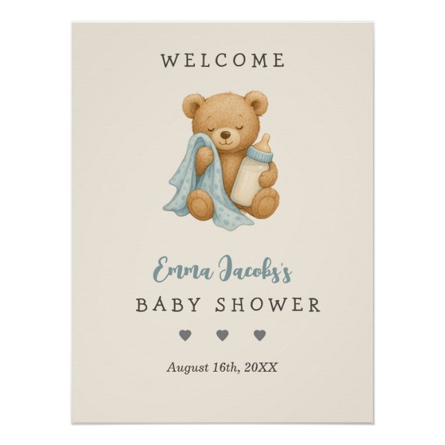 Personalized Teddy Bear Baby Shower Welcome  Poster (Front)